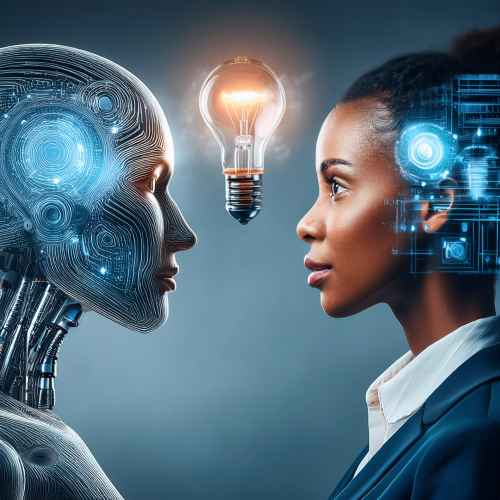 business woman looking at a robot