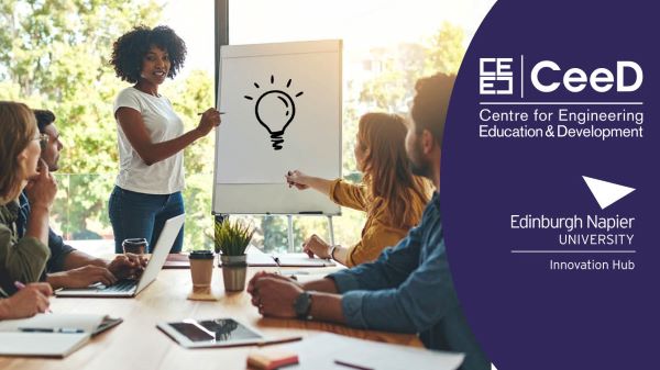 CeeD event promo - logos and woman pitching to a table of people