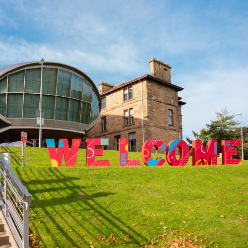 welcome signage outside Craiglockhart Campus, Edinburgh Napier University