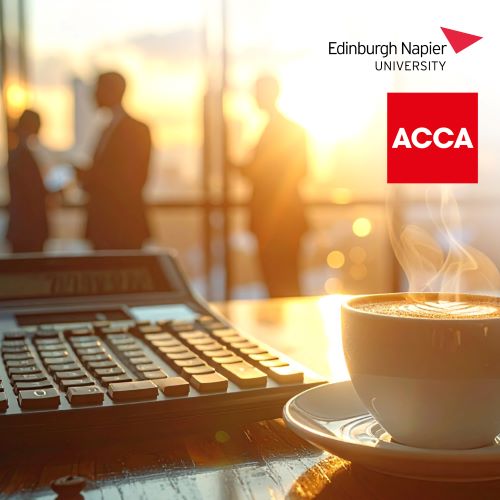 coffee cup and calculator on a table, with business people networking in background