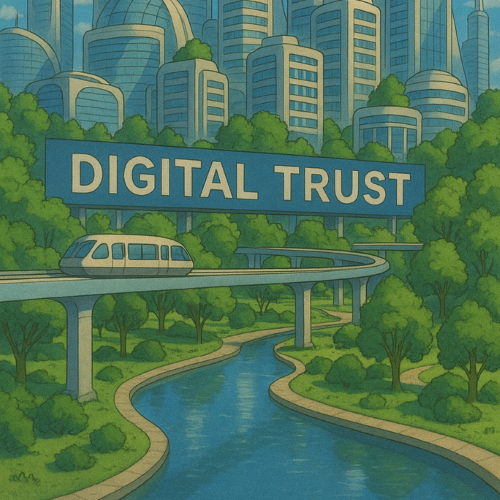 animation of a city with digital trust written in signage