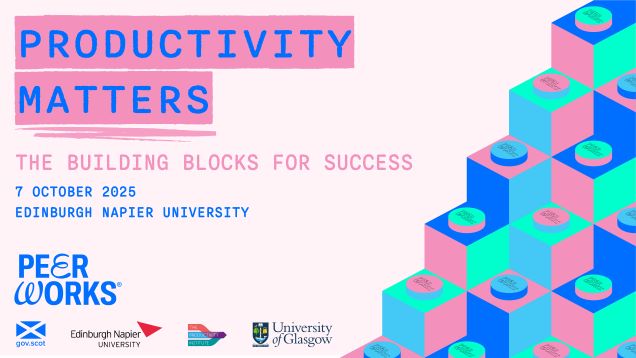 Peer Works conference promotion with illustration of building blocks