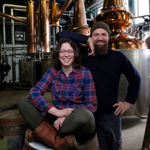 Kirsty Black, Distillery Manager and Master Distiller and Christian Perez, Production Manager. Credit - Scotland Beyond Net Zero